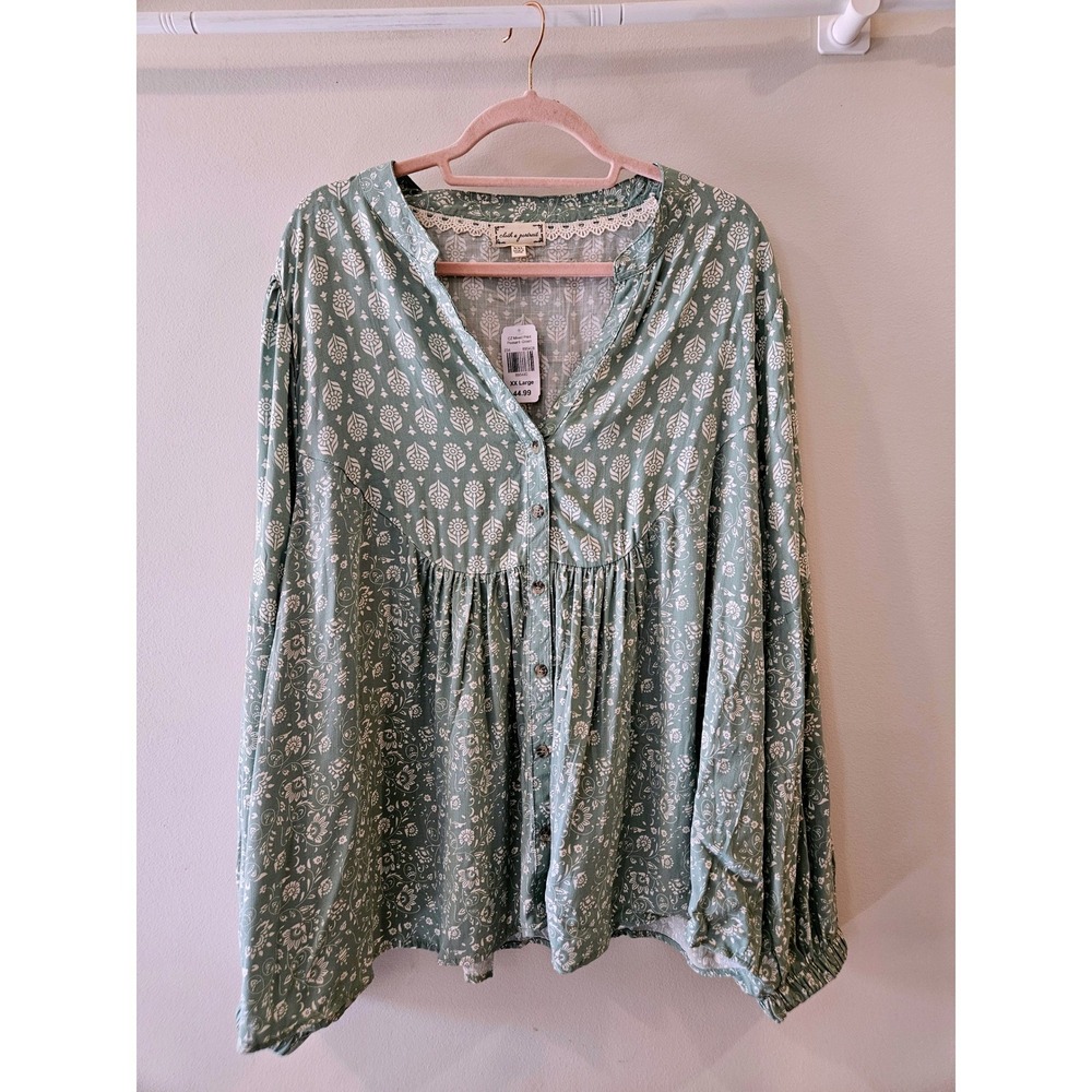 Cloth & Portrait Peasant Blouse Green Mixed Floral Balloon Sleeve Womens XXL New